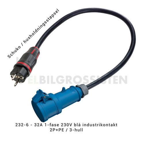 Schuko til 232-6 32A 1-fase 230V blå CEE industrikontakt - overgang - adapter - Elbilgrossisten